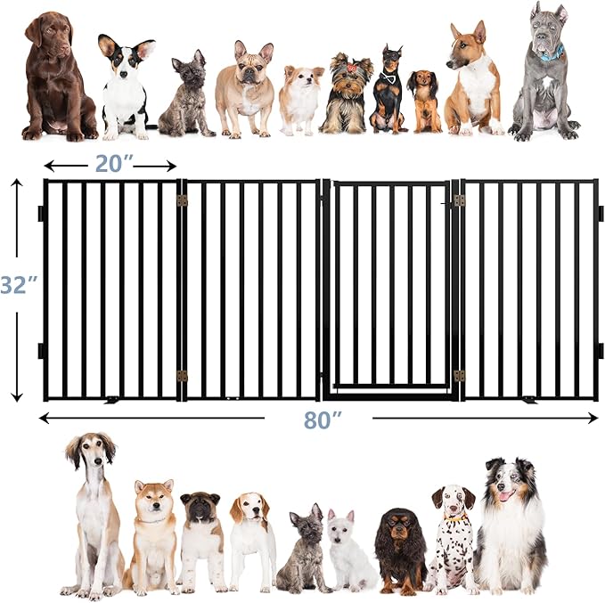 Free Standing Dog Gate with Door for Indoor Outdoor, Portable Dog Fence Foldable Design, Metal Black 32" Tall, Expandable 4 Panels Use for Front Door, Yard, Stairs