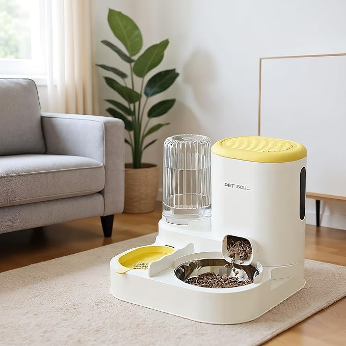 Automatic Cat Feeder & Water Dispenser - Dual Container for Dry/Wet Food, Two-in-One Upgraded Gravity Feeder and Water Dispenser Combo Set for Cats and Dogs.(Yellow)