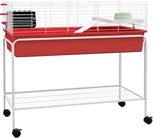 PawHut Two-Story Small Animal Cage Removable from Stand, Guinea Pig Cage with Shelf & Wheels, Pet Habitat for Hedgehog, Chinchilla, Ferret, 39" x 20.5" x 36.5", Red