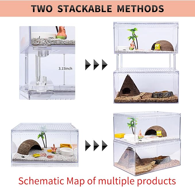 【No Assembly】 Reptile Tank Enclosure with Magnetic Button.12" * 8" * 6" Thicken Snake Enclosure Cage,Batch Stackable Reptile Breeding Tank for Insect,Fish,Tarantula,Hermit Crab,Jumping Spider