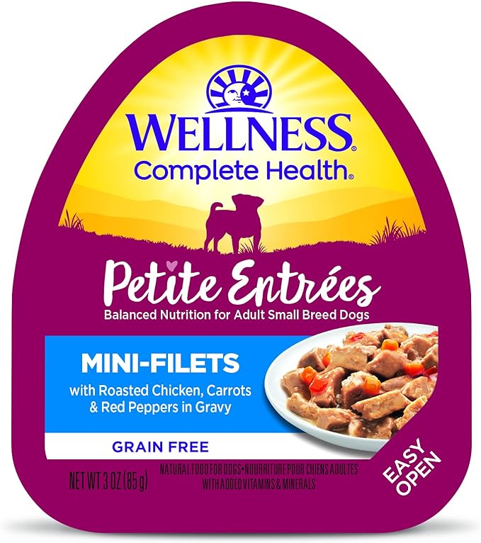 Wellness Petite Entrees Mini Fillets Grain Free Natural Wet Small Breed Dog Food, Roasted Chicken, Carrots & Red Peppers, 3-Ounce Cup (Pack of 24)