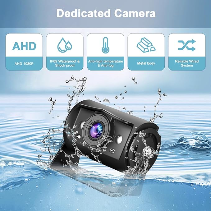 Wired AHD Backup Camera System, IP69 Metal Camera, Night Vision, 7" 1080P Monitor Kit with 15M Extension Cable and Remote Control for Trucks Buses Vans Trucks Trailers RVs Campers