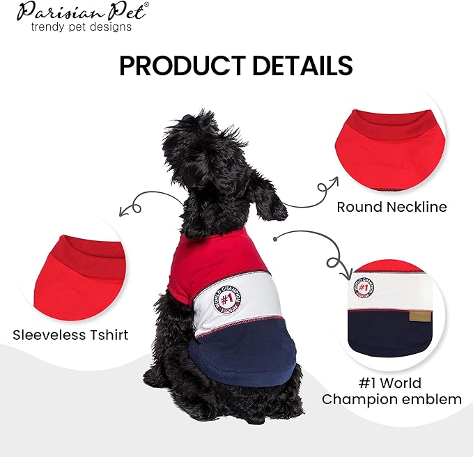 PARISIAN PET Embroidered 'Worlds Champion' Sleeveless Dog Tee - Machine Washable Color Block Tank Top - Lightweight, Small Dog XS