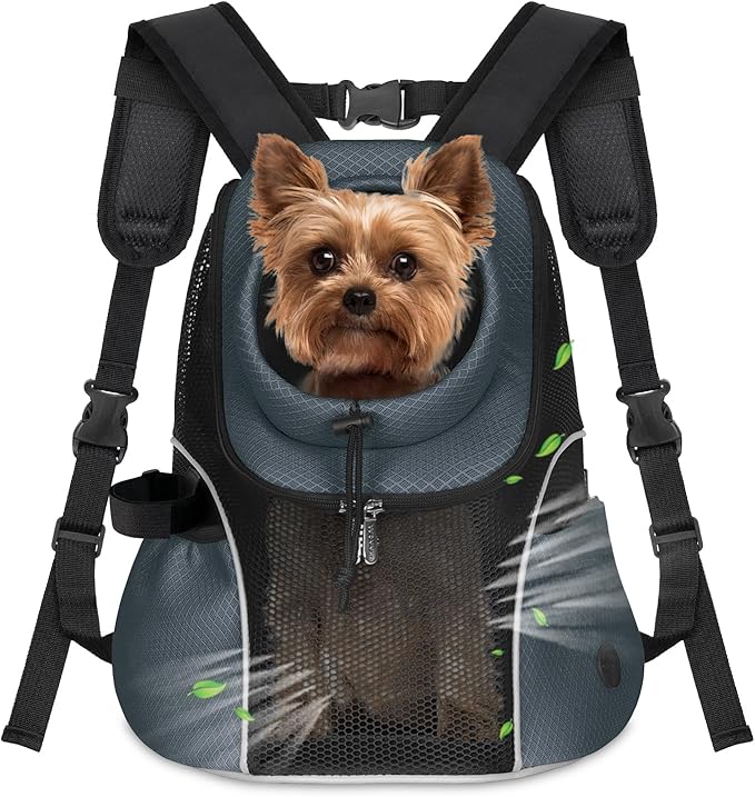 WOYYHO Pet Dog Carrier Backpack Small Dog Front Backpack Ventilated Mesh Dog Travel Back Pack with Safety Belt for Travel Hiking Cycling Outdoor Adventures (Size M: 5-9 lbs, Dark Gray)