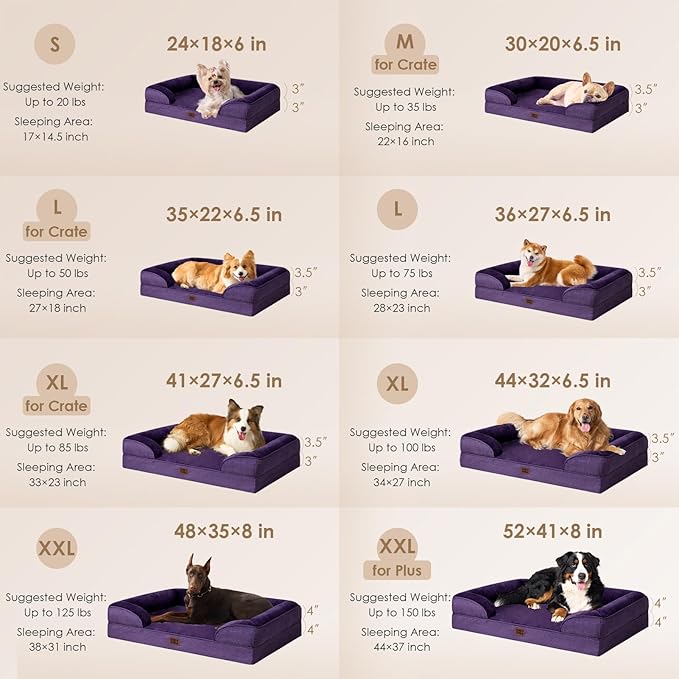 EHEYCIGA Orthopedic Dog Beds for Extra Large Dogs, Waterproof Memory Foam XXL Dog Bed with Sides, Non-Slip Bottom and Egg-Crate Foam Big Pet Couch Bed with Washable Removable Cover, Purple