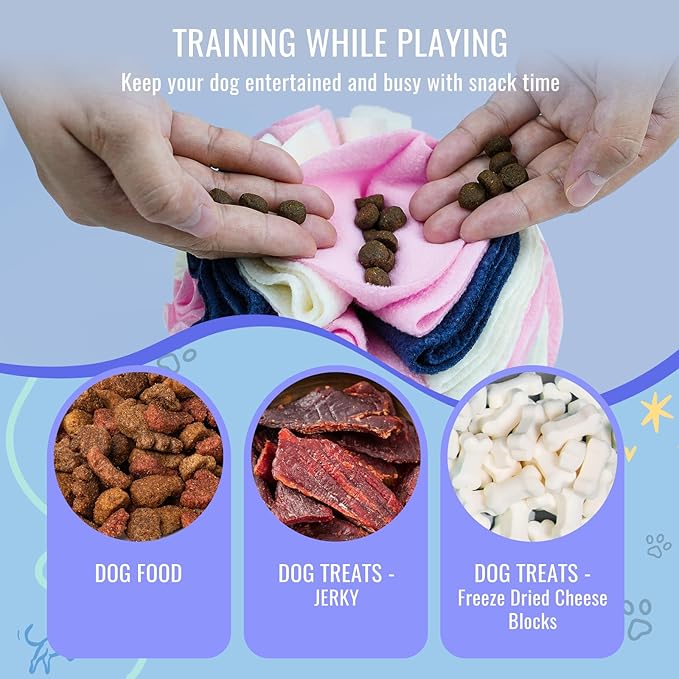 Pet Snuffle Ball, Puzzle Sniffing Interactive Dog Ball for Blind Dogs Training Stress Relief Dog Enrichment Toys Treat Machine Washable (15cm, Classic Pink Blue White)