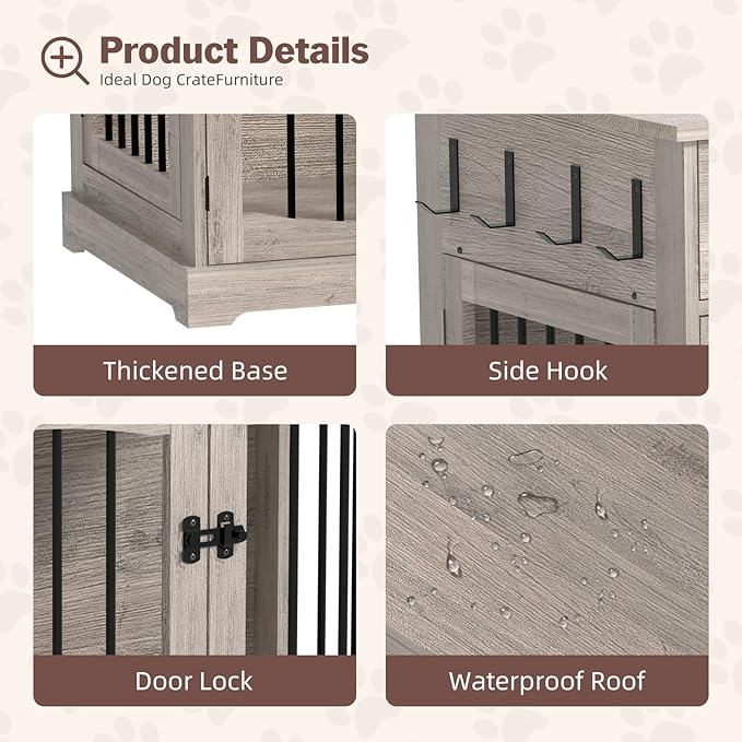 40 Inch Furniture-Style Dog Crate-Multipurpose Wood Pet Crate Furniture with Double Doors,2 Drawers, Decorative Dog House Indoor for Smal/Medium Dogs, Gray Finish