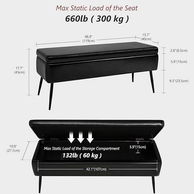 Leather Storage Ottoman Bench,End of Bed Bench for Living Room Bedroom Dinning Room Entryway,Mid-Century Modern,Faux Leather,with Steel Legs,Safety Hinges,Loads 660 lb (Without Button, Black)