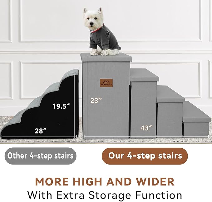 Dog Stairs with Storage 23" H, 4-Step Wider Dog Steps for High Beds Window, Folding Sturdy Pet Stairs Gift for Injured Old Dogs Cats, Ramp for Climbing Car Up to 200 lbs,(Gray, No Condo)