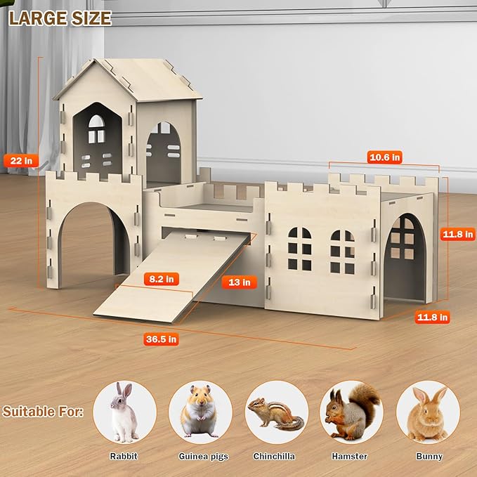 Large Bunny House and Hideouts, Wooden Dual-Layer Rabbit Castle with Stair, Rubber Band-Free Setup - Chew-Proof, Sturdy Habitat for Guinea Pig Chinchilla Ferret (Rabbit House with Tunnels & Tubes)