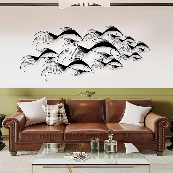 School of Fish Metal Wall Art, Metal Fish Wall Decor, Sea Life Wall Art, Large Nautical Wall Hanging, Modern Beach House Wall Decor, Ocean Themed Artwork for Bathroom (Black, 53"x22" | 135x57cm)