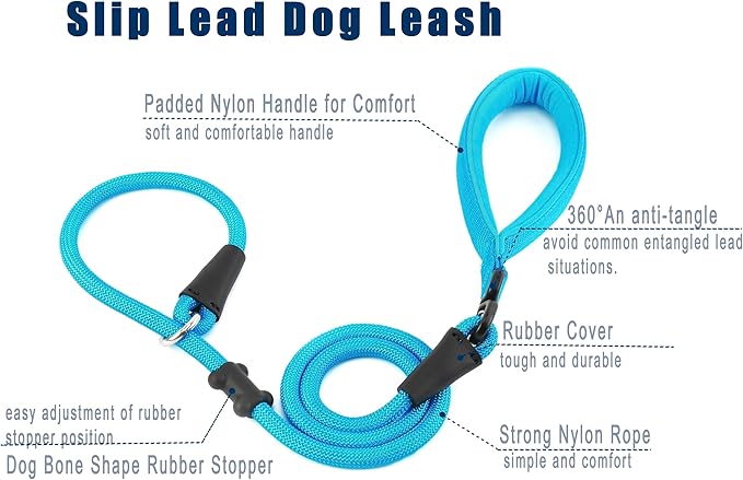 Slip Lead Dog Leash，Strong Nylon Rope Leash and Padded Handle,No Pull Outdoor Walking Training Lead for Small Medium Large Dogs(Blue,1/2"×4ft)
