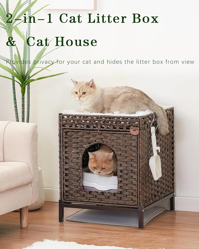 Cat Litter Box Enclosure Hidden Litter Box Furniture with Metal Heightened Feet, Rattan Handwoven Cat House with Litter Mat, Hidden Litter Box Furniture for Bedroom Living Room Brown