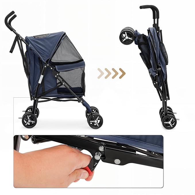 MoNiBloom 4 Wheels Pet Stroller, Easy-Fold Puppy Cage Jogger Stroller with Sun Cover, Pad and Rear Storage Bag, Breathable and Visible Mesh for Small/Medium Pets up to 22 lbs, Navy Blue