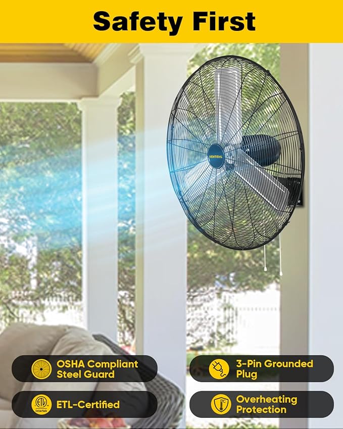 VENTISOL 30 Inch Wall Mount Fan Oscillating, 9500 CFM High Velocity Industrial Fans with 3 Speeds for Garage, Shop, Warehouse, Workshops, Cover Patio, ETL Listed