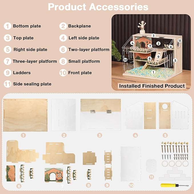 Wooden Hamster Cage, 15.8" 3-Layer Acrylic Dwarf Hamster Cages,Top Open Small Animal Cages with Stairs, Fences, Pastoral Style Mouse Cage for Pet Mice, Hedgehog