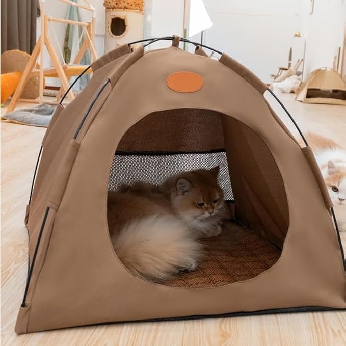 BreezyDen Pop-Up Pet Tent – Portable Indoor/Outdoor Cat Tent, Waterproof Pet Hideaway for Cats & Small Dogs with Mesh Window, Anti-Slip Base & Washable Design (Coffee, XL (20 catties Kitten))