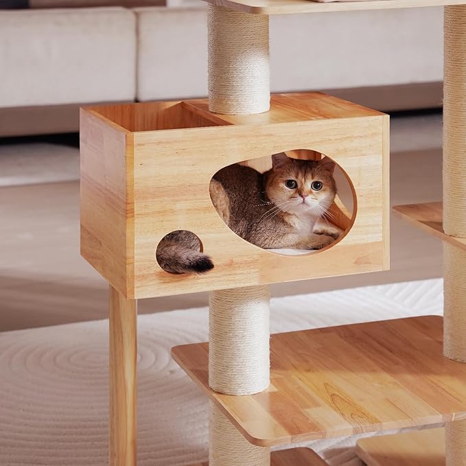 Wood Cat Tree for Indoor Cats, Modern Cat Tower, Unique Cat Condo with House, Tall Luxury Furniture with Heavy Duty Wide Base, Kraft Paper Rope Scratching Post, Removable Cushion (96.5-118.1 inch)