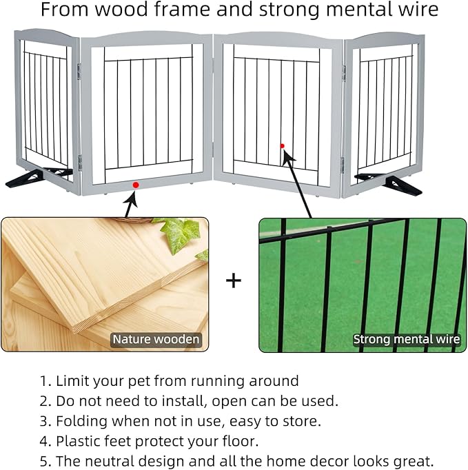 ZJSF Freestanding Dog Fence Indoor, Foldable Dog Gate for Doorways, Stairs or Hallways, Sturdy Wood Extra Wide Pet Gate with Support Feet for The House, Grey, 24 "Height-4 Panels