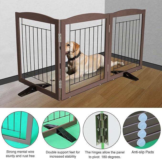ZJSF Freestanding Dog Fence Indoor, Foldable Dog Gate for Doorways, Stairs or Hallways, Sturdy Wood Extra Wide Pet Gate with Support Feet for The House, Brown, 32 "Height-3 Panels