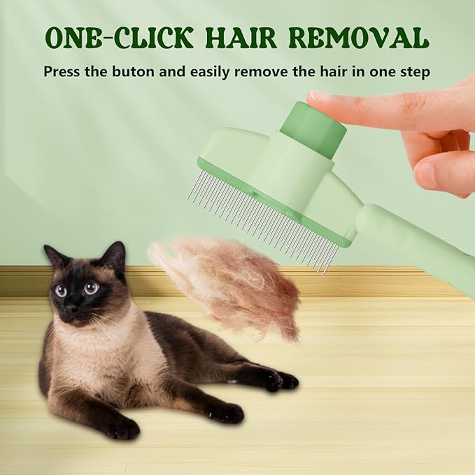 Pet Hair Removal Comb Flea Comb, 2025 New Cat Grooming Brush with Release Button, De-Shedding Cat Brush for Short and Long Hair Cats (Green)
