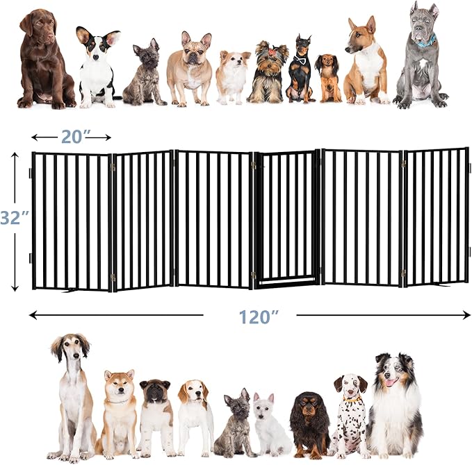 Portable Dog Fence with Door for Indoor Outdoor Use, Free Standing Dog Gate Foldable Design, Metal Black 32" Tall, Expandable 6 Panels Use for Yard, Stairs, Front