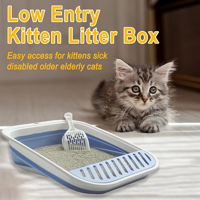 Kitten Training Litter Box, Collapsible Low Entry Kitten Litter Box Shallow LitterBox Senior Cats Anti-Splashing Open Potty Pan Scoop Leak-Proof Pedal Cat Toilet No Smell Easy Clean