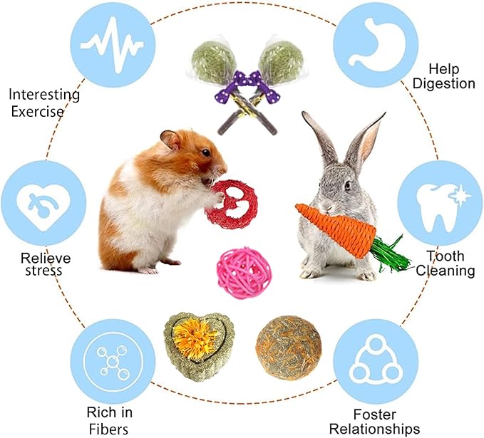 Grddaef 18 PCS Bunny Toys, Rabbit Toys Guinea Pig Toy Natural Apple Wood Grass Timothy Sticks Chew and Treat for Guinea Pigs Hamster Chinchillas