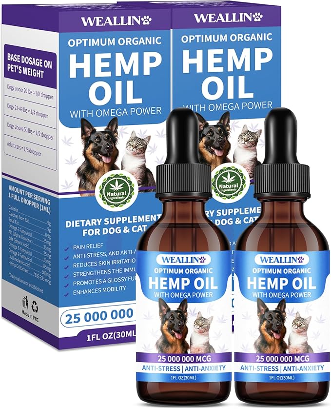 Hemp Seed Oil for Dogs and Cats - Omega-3, 6, 9 Rich Organic Extract - Eases Pet Anxiety, Pain, Skin & Coat Health - Stress Relief, Hip & Joint Support - Calming Treats (2 Pack)
