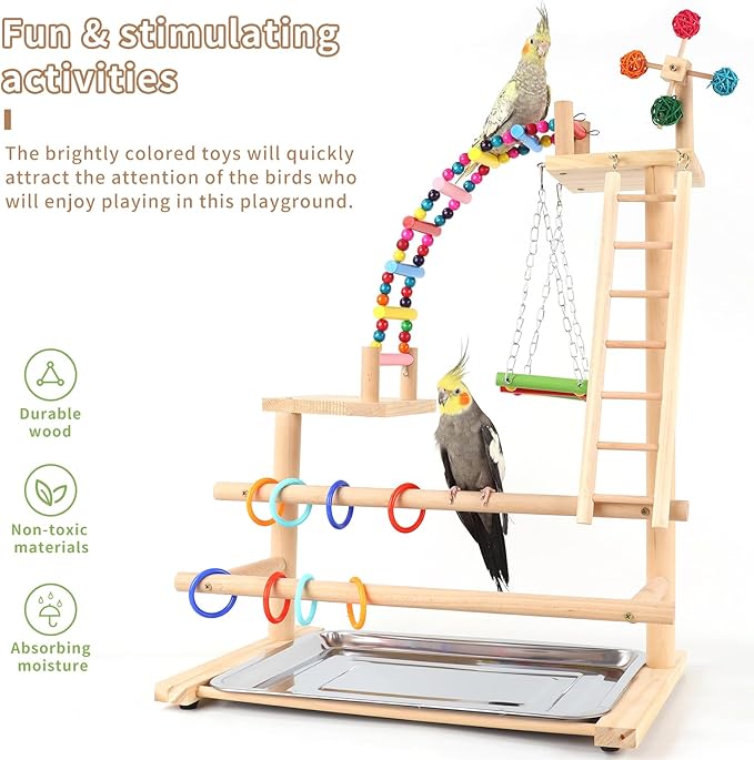 Bird Playground, Perch Stand Parrot Playstand Play Gym with 2 Perches Stand Windmill Toys, Playpen for Parakeet Conure Cockatiel Lovebird Budgie Caique, Exercise Playgym with feeding Cups