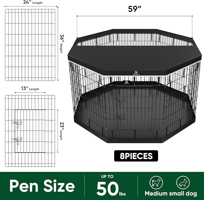 PJYuCien Dog Playpen, 8 Panels 36’’H Dog Pens Indoor with Bottom Pad and Top Cover, Metal Foldable Pet Puppy Exercise Fence Crate Kennel, Better for Medium Animals,Black