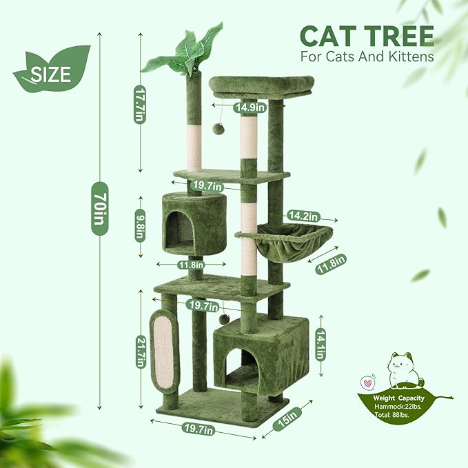 Hoopet 70-Inch Large Cat Tree for Multiple Cats Cat Tower with 2 Condos, Scratching Posts, Hammock & Platform, Plush Perch for Indoor Activity Relaxing Easy Assembly Green