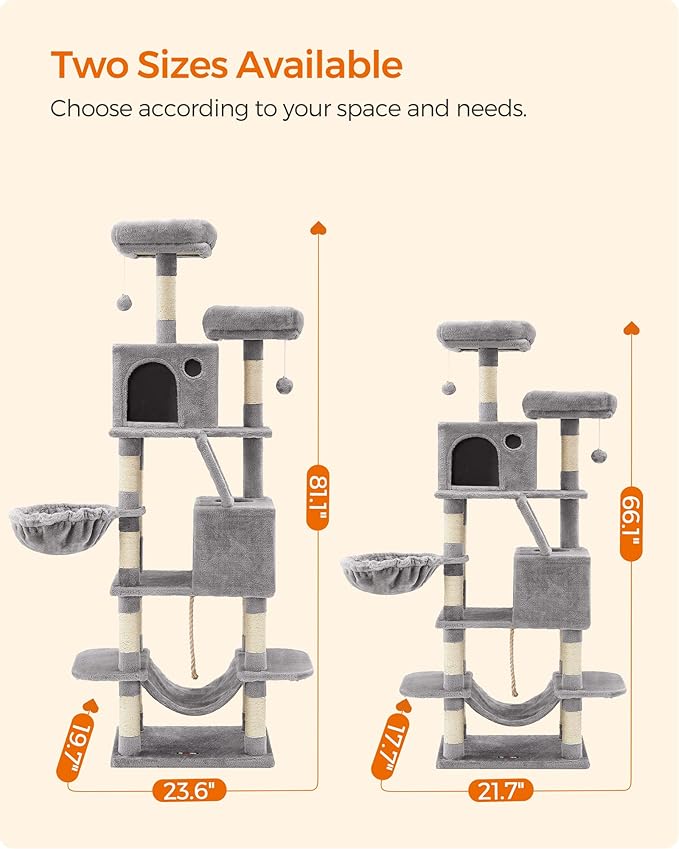 Feandrea Cat Tree, 81.1-Inch Large Cat Tower with 13 Scratching Posts, 2 Perches, 2 Caves, Basket, Hammock, Pompoms, Multi-Level Plush Cat Condo for Indoor Cats, Light Gray UPCT190W01