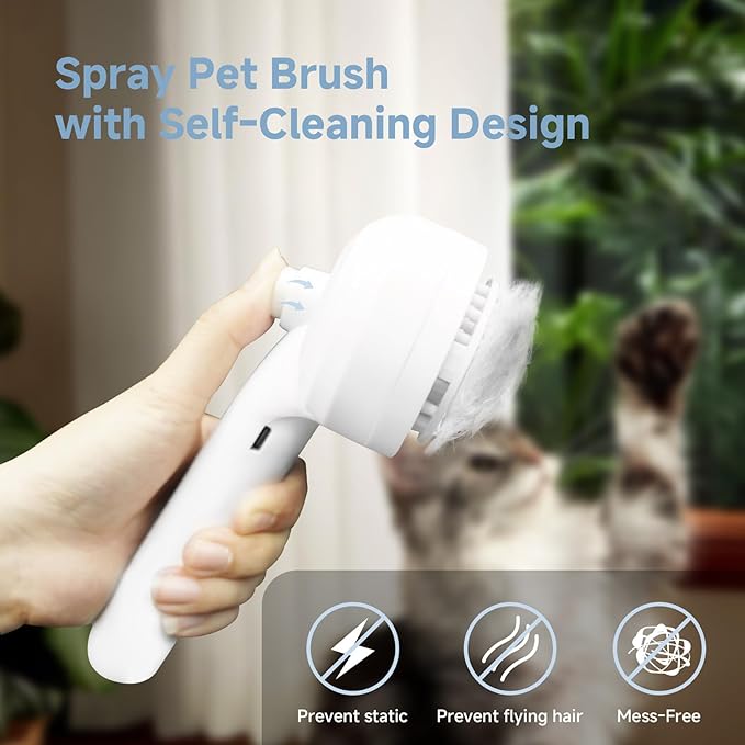 REIKIYA Cat Steam Brush,4-in-1 Spray Hair Removal Dog Brush for Shedding & Grooming with UV Light, Anti-Static Pet Spray Comb with One-Click Release Button
