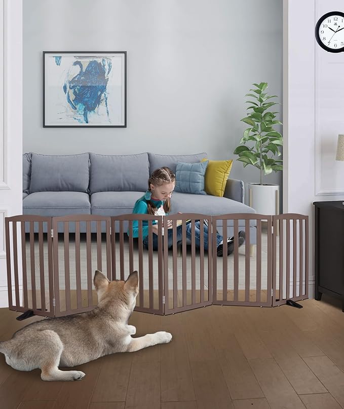 ZJSF Foldable Freestanding Indoor Dog Gate for House Wood Long Pet Gates Dog Fence for Stairs Puppy Gates for Hallways, Puppy Gate,Support Feet Included, Brown, 32 "Height-6 Panels