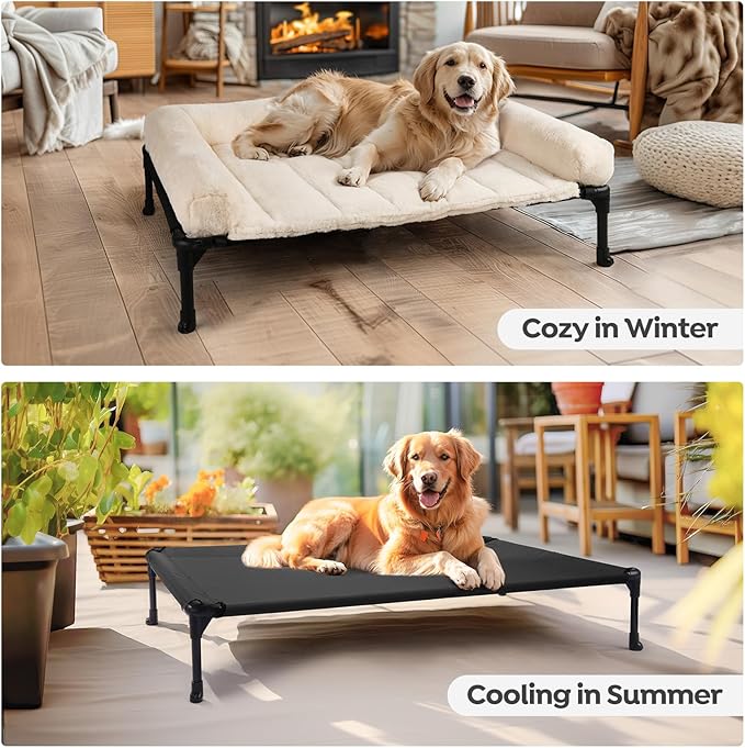Veehoo Cooling Elevated Dog Bed with Fluffy Plush Bolster Cushion, Indoor Raised Dog Beds for Large Dogs, Soft Pet Sofa Cot with Removable Washable Mat, No-Slip Feet, 32 x 25 inches, Cream White