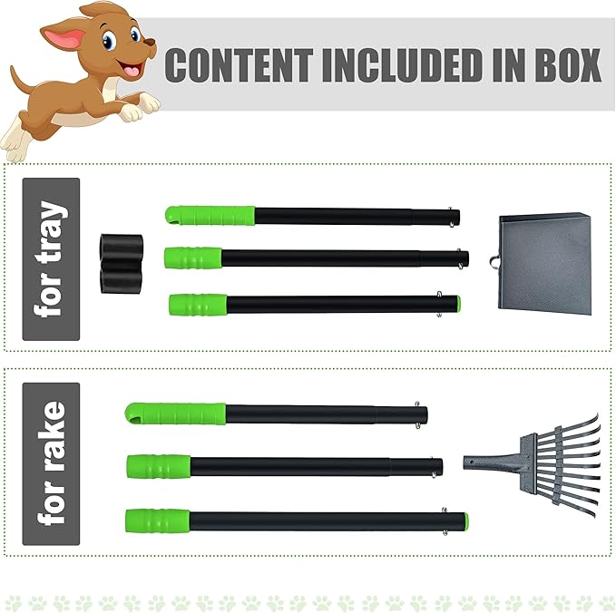 Niubya Pooper Scooper for Dogs, Metal Poop Scooper Tray and Rake Set with Adjustable Long Handle, Dog Pooper Scooper for Pet Waste Removal