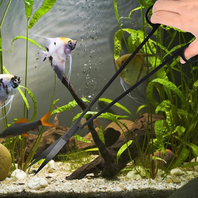 15Inch Extra Long Design Aquarium Aquascaping Tool Stainless Steel Aquascape Tools Kit 4 in 1 Anti-Rust Fish Tank Starter Kit with Long Tweezers Scissors Spatula for Aquarium Plants (Black)