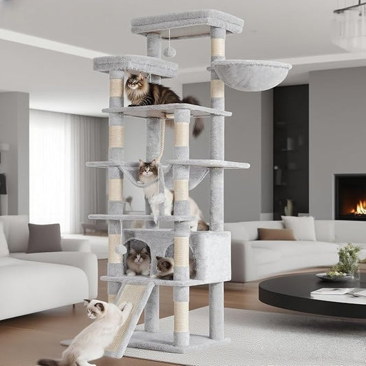Heybly Tall Cat Tree, 78-inch Multi-Level Cat Tower for Indoor Cats, 2 Widened Plush Perches Cat Condo with Scratching Board and Big Caves, Light Gray HCT033W