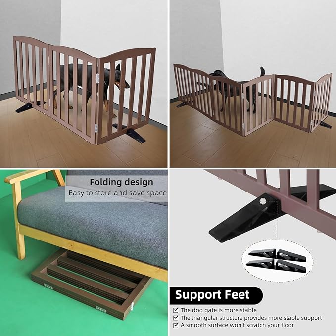ZJSF Foldable Freestanding Indoor Dog Gate for House Wood Long Pet Gates Dog Fence for Stairs Puppy Gates for Hallways, Puppy Gate,Support Feet Included, Brown, 24 "Height-3 Panels