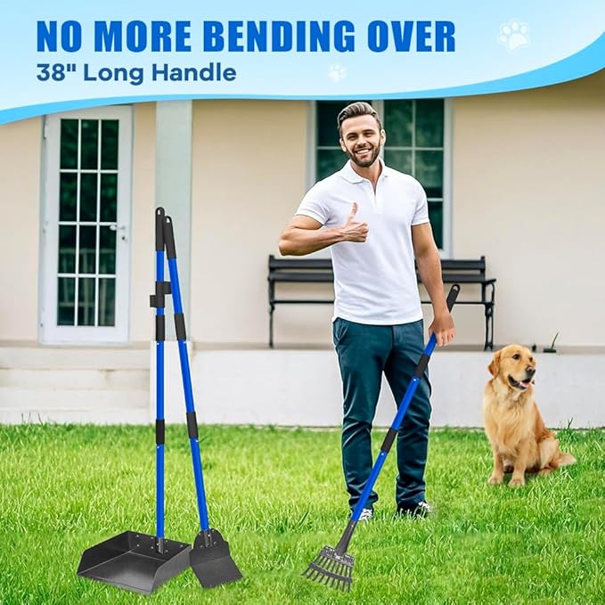 Larger Pooper Scooper Dog Pooper Scooper for Large Medium Small Dogs Heavy Duty Stainless Steel No Bending with Rake & Shovel & Extra Large Tray for Yard