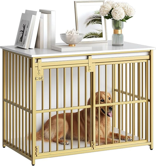 HOOBRO Dog Crate Furniture, 36.6" Heavy Duty Dog Kennel with Sliding Barn Door, Wooden Dog Cage Indoor, Decorative Side End Table for Small/Medium Dogs, White and Gold GD162GW03G1