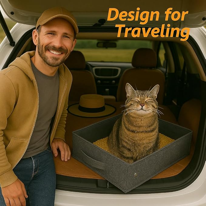Portable Travel Litter Box for Cats, Small Foldable Travel Cat Litter Box with Zipped Lid, No Smell, Waterproof, Leak-Proof, for Car Hotel and Outdoor, Grey
