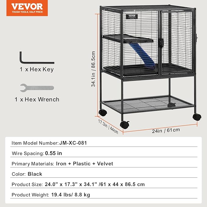 VEVOR 34" Rolling Metal Ferret Cage, Large 2-Tier Critter Nation Cage, Small Animal Cage with Ramps & Tray, Easy to Set up for Pet Mice, Hamster, Guinea Pig, Chinchilla, Squirrel, Hedgehogs, Bunny