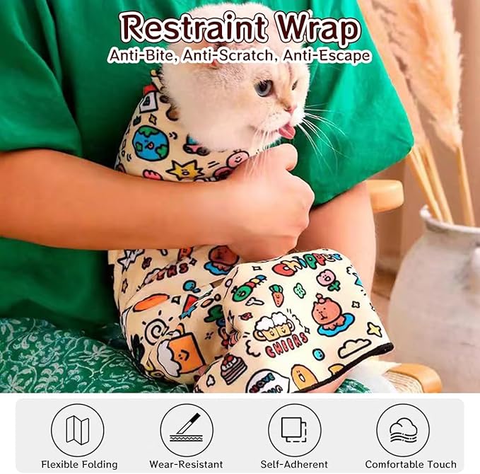 MANON ROSA Cat Grooming Wrap – Self-Adherent Anti-Scratch Swaddle Restraint Bag for Nail Cutting, Medication, Multifunctional Care - Calm Cozy Burrito Papoose Pet Magic Blanket (M (Within 9.9lbs))
