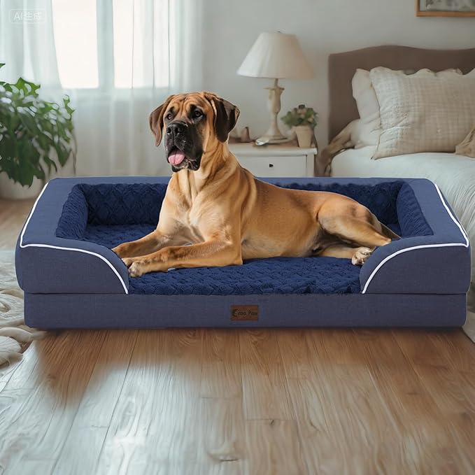 Orthopedic XXL Dog Bed for Extra Large Dogs, Waterproof Memory Foam Dogs Bed with Sides, Egg-Crate Foam and Non-Slip Bottom Big Dog Couch Bed with Washable Removable Cover(XX-large,Navy Blue)