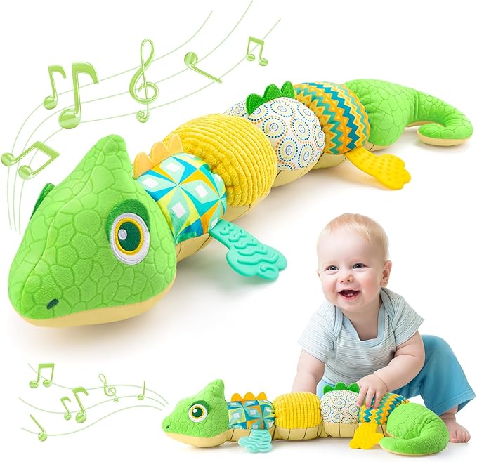 Baby Toys 0-6-12 Months, Musical Stuffed Animal Activity Soft Toys with Multi-Sensory Crinkle,Rattles and Textures,Infant Tummy Time Toys for Newborn Boys Girls,Dinosaur,Green