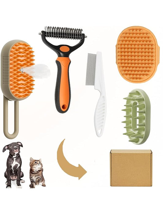 5 Pack Pet Steam Brush Kit – Pet Water Brush for Cats Shedding – Includes Steam Brushes, Undercoat Rake, Massage & Flea Comb for Cats and Dogs - Matted Fur Dematting Tool