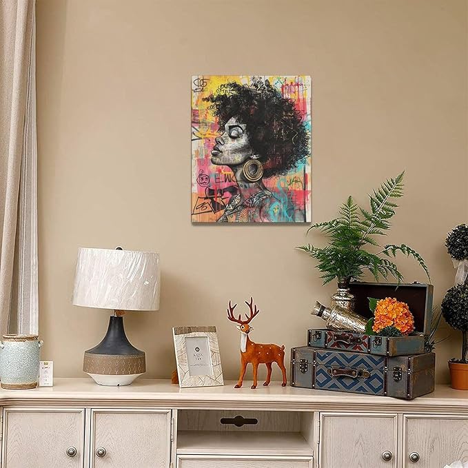 Quorin African American Wall Art Banksy Graffiti Black Woman Pictures Black Girl Wall Decor Canvas Print Painting Artwork for Bathroom Living Room Bedroom 16"x20"