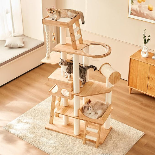 Wood Cat Tree for Indoor Cats, Modern Cat Tower, Unique Cat Condo with House, Tall Luxury Furniture with Heavy Duty Wide Base, Kraft Paper Rope Scratching Post, Removable Cushion (74.8-inch)